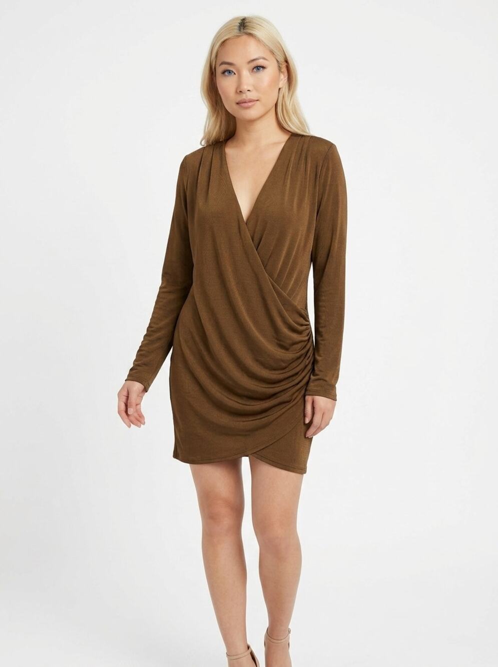 Boohoo Brown Wrap Short Jersey Ruched Dress Women Size 14
